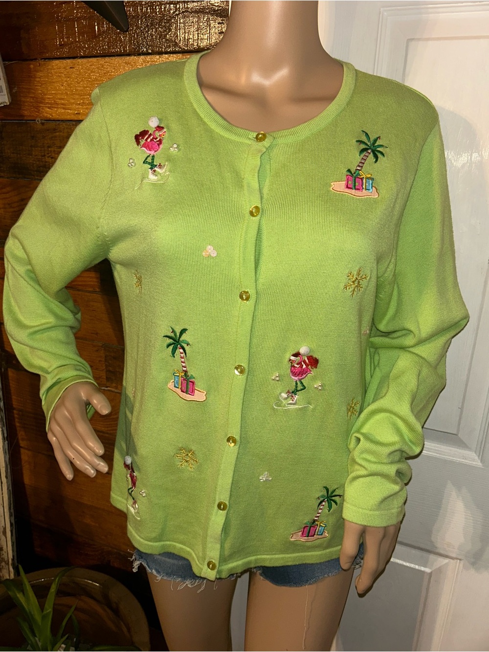 Tropical Lime Green Embroidered Button-Front Cardigan